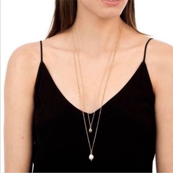 Stella & Dot ~ delicate double pearl pendant necklace in gold tone - Picture 2 of 6